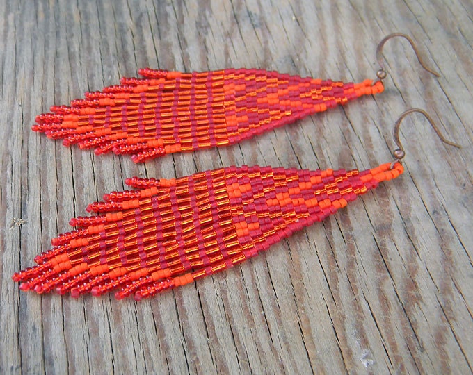 Red and orange long seed bead earrings with fringe  - boho style, tribal jewelry, peyote chandelier earrings