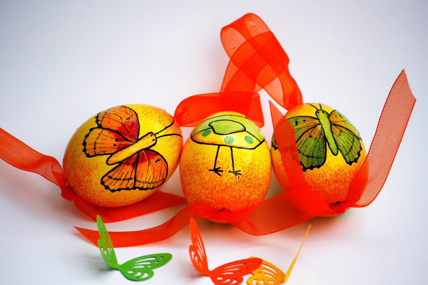 SALE 20% Set of 3 Handmade Decoupage Eggs with Chicken and Butterflies Decorations Painted in Orange and Green