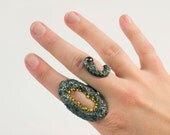 Sterling Silver Two Finger Ring, Two Finger Monster Ring with Enamel