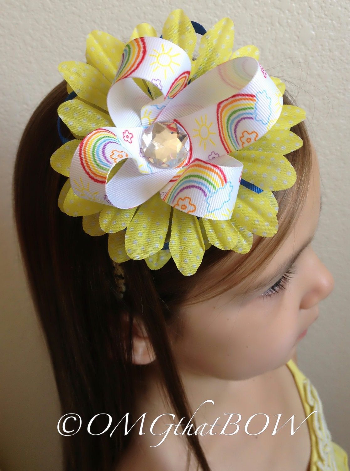OMG that Rainbow Daisy BOW-over the top boutique bow-flower headband-large boutique hairbow