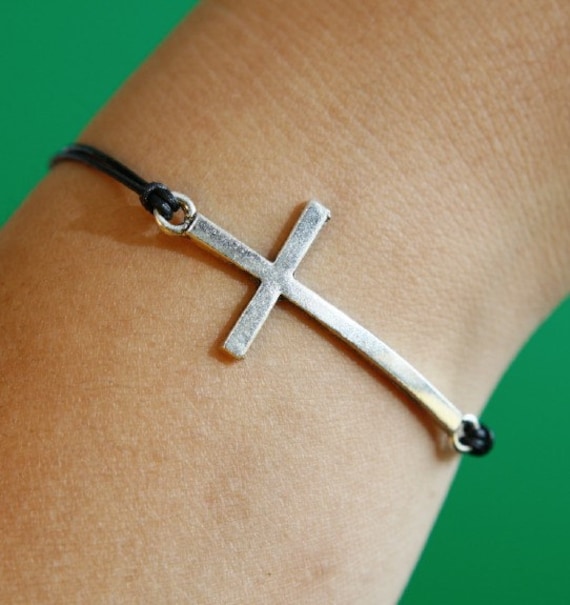 Cross Bracelet silver bracelet black leather cords,leather bracelet
