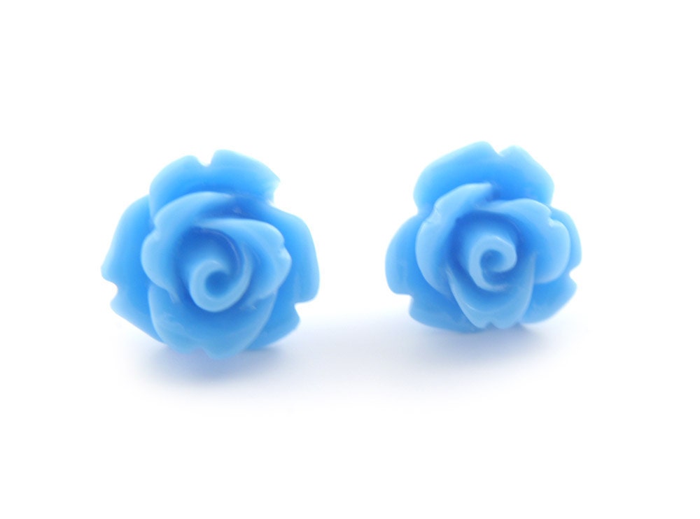 Sky Blue Rose Earrings, Flower Jewelry, Cabochon, Teen Jewelry, Stud Earrings, Bridesmaids Wedding Gift, 10mm
