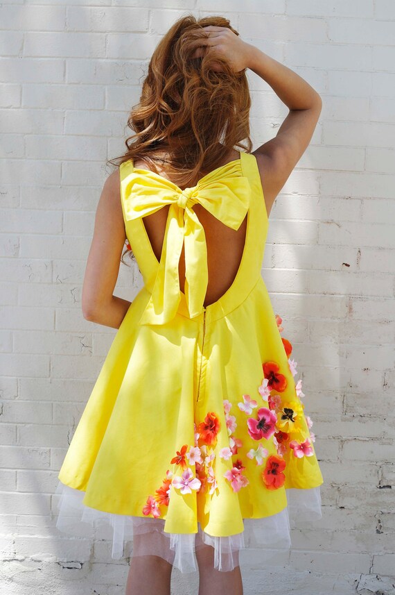 Yellow Dress - Pink Orange Flowers Bow on Back Cutout Inspired by Vintage