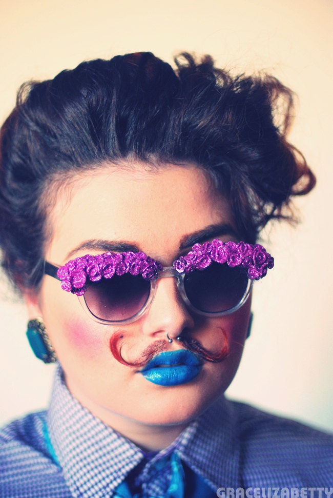 SALE/// Mega Glitter Ceramic Flower Sunglasses Magenta Pink Handmade Kitsch