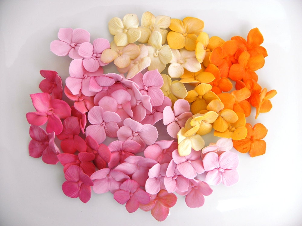 Fondant Hydrangea Petals Decoration 100 qty - ivory, pinks, magentas, orange for cupcakes, wedding cakes, birthday cakes, cupcake topper