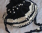 50's Navy & White Drawstring Crocheted Pouch, Bag or Purse with Beads