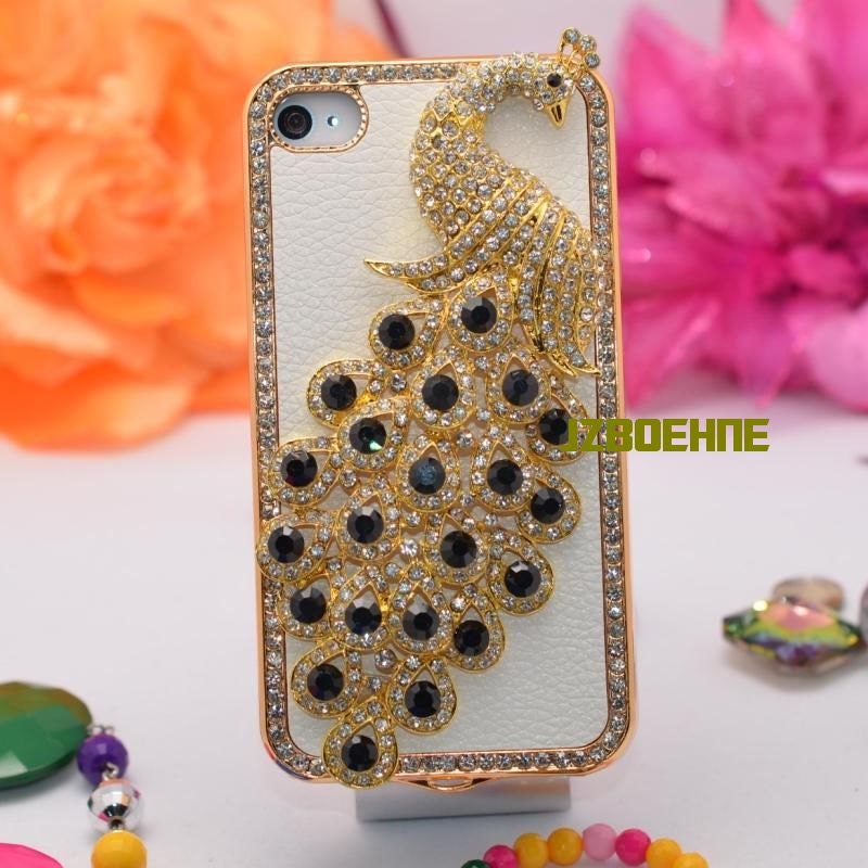 iPhone Case, Handmade iPhone 4 Case, iPhone 4 Cover, iPhone 4S Case, Bling Case, Rhinestone Swarovski Crystal Peacock with White PU Leather