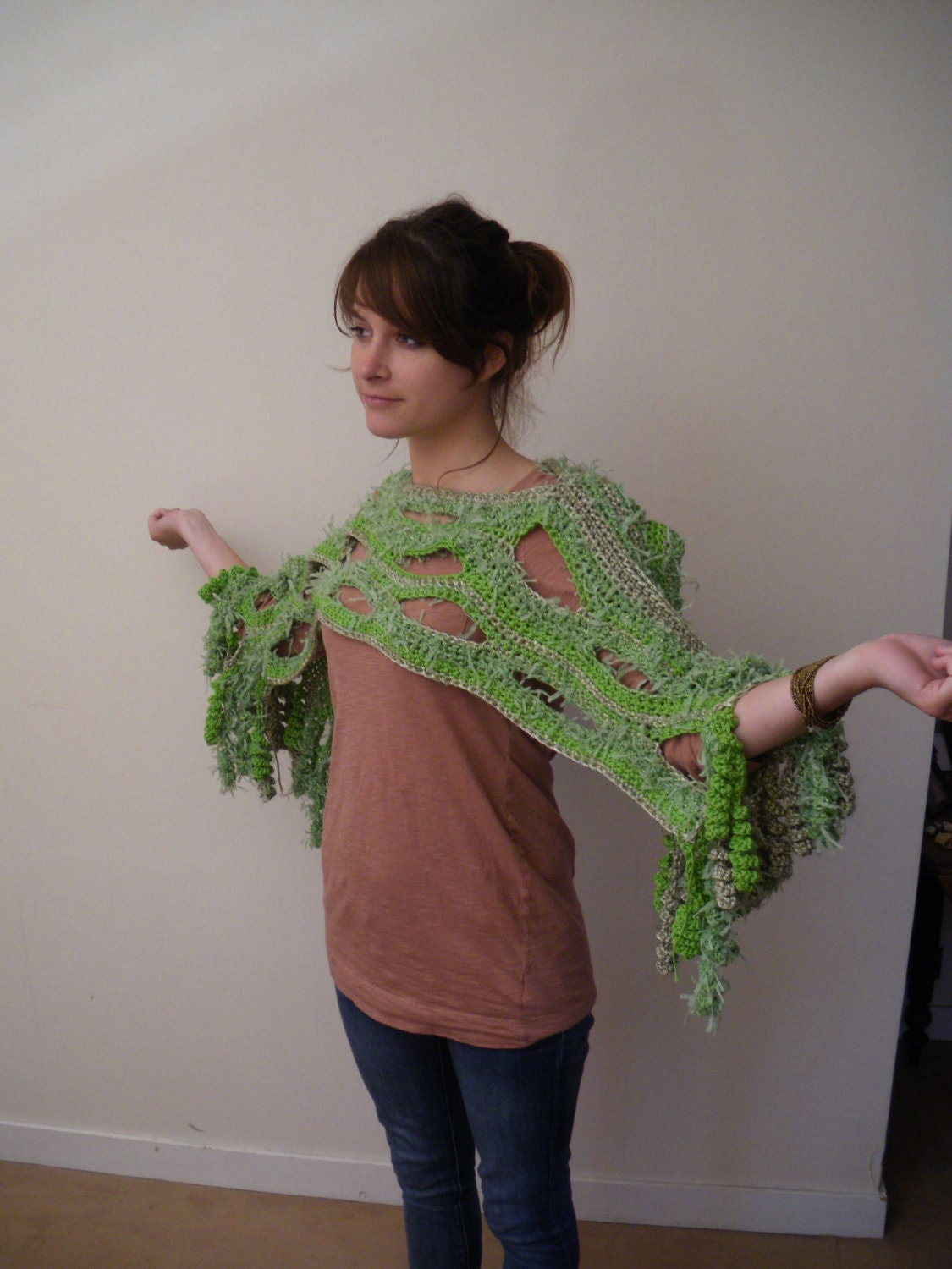 hand made crochet green scarf or poncho or capelet for the summer and all the year for a party.