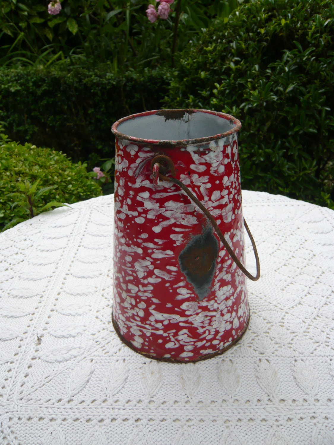 antique french country red and white enamel milk can