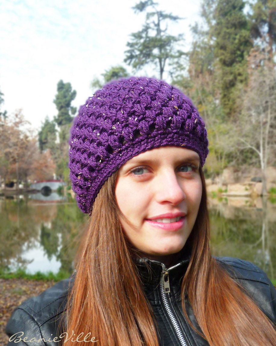 Classic beanie hat - Purple with white accents - crochet - womens Winter Autumn accessories
