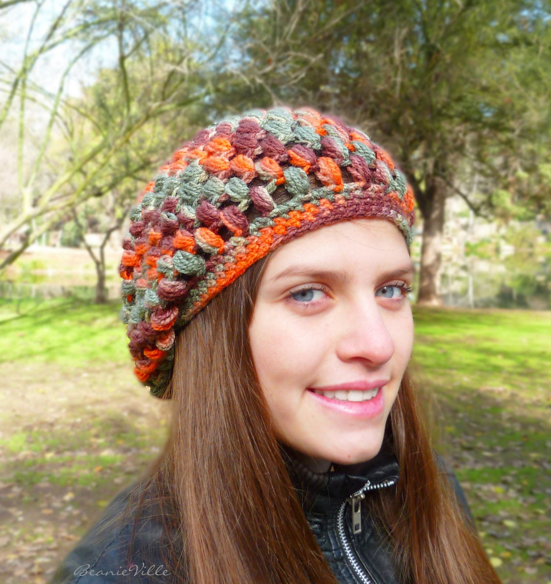 Slouchy beanie hat - GREEN / ORANGE / BROWN - crochet - womens Winter Autumn accessories