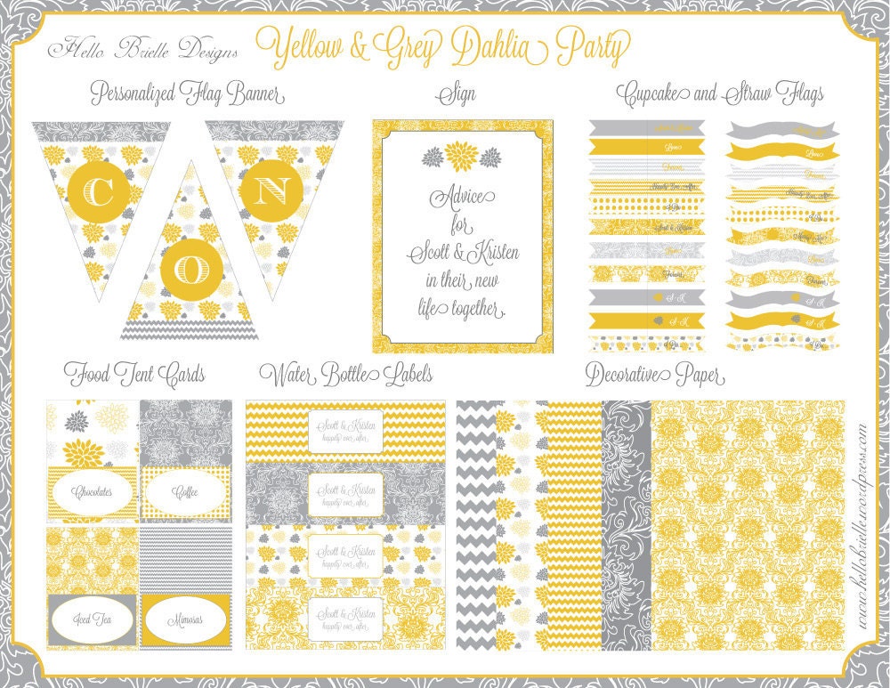 Yellow and Grey Dahlia Party Printable Package