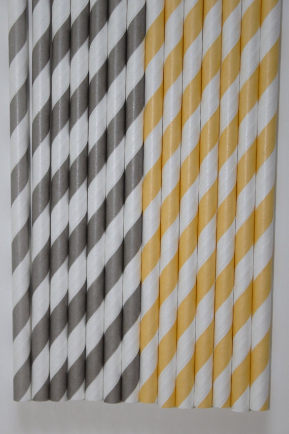 50 lt. yellow grey stripe Paper straws birthday party ,event cake pop sticks bonus diy flags