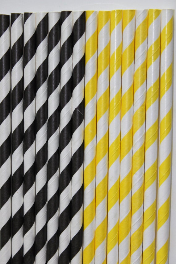 50 black yellow stripe paper straws bumble bee  Bonus Free DIY Flags