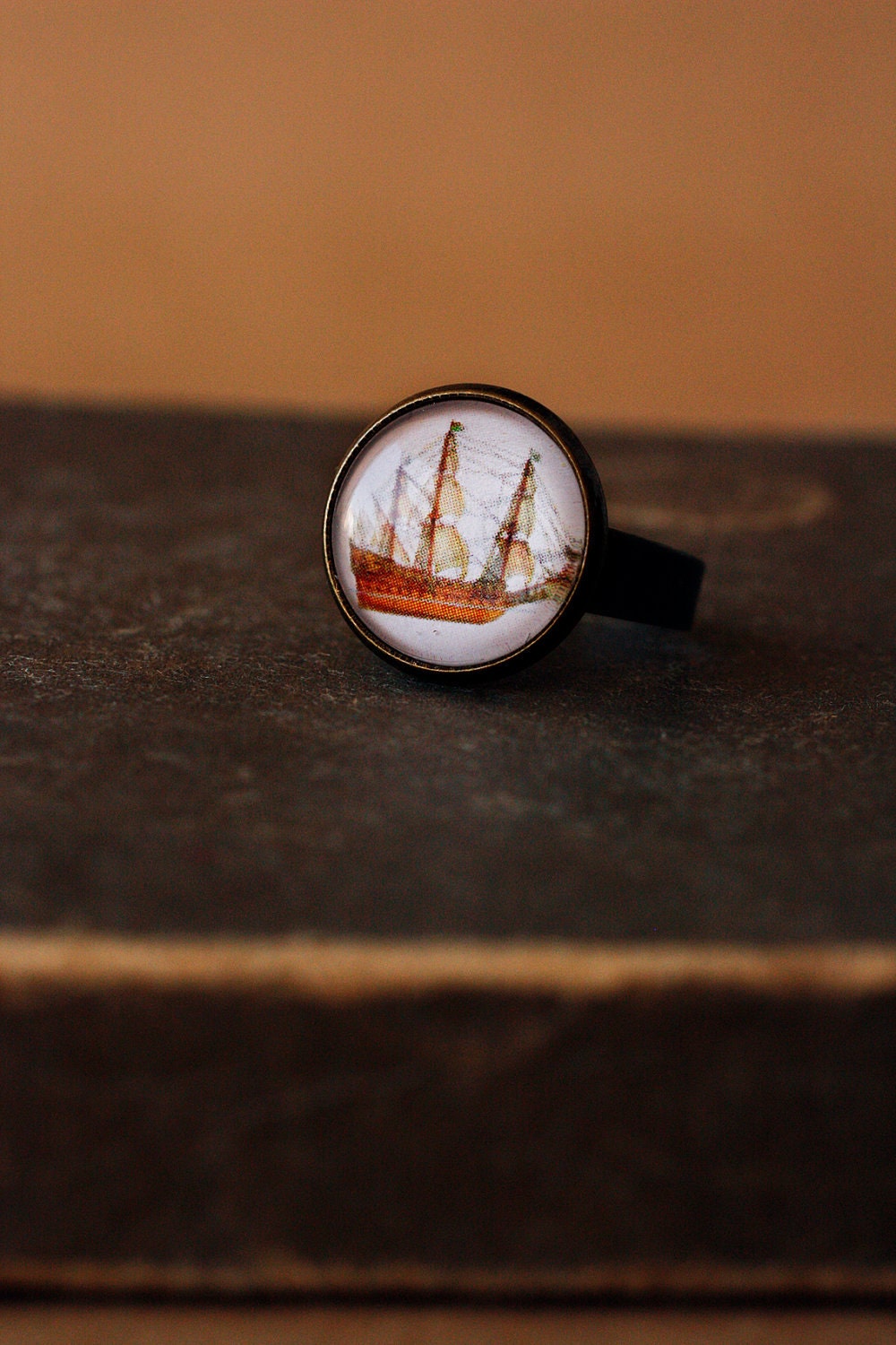 Unique steampunk ship brass ring