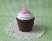 Mini Chocolate Cupcake Ornament with White Frosting and Pink Rose