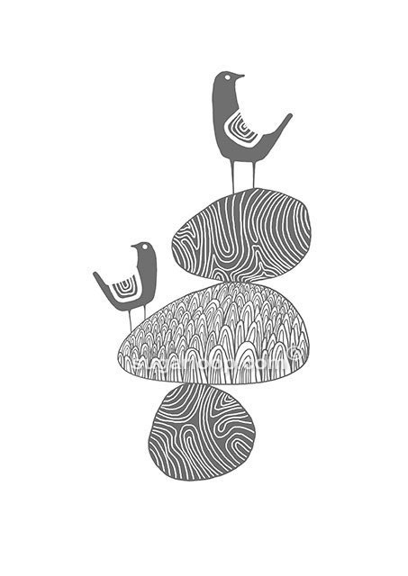 Birds and Pebbles in Graphite - Signed Art Print Children Bedroom Decor Nature 8 x 11.5" (A4 paper size)