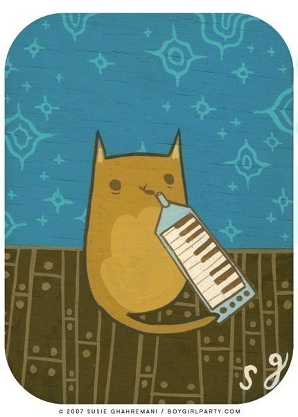 MELODICA CAT art print 5x7 music nursery cat artwork - musical animals - blue brown