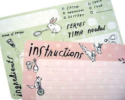 Woodland Animals Recipe Card Pack, 4x6 pink green recipe cards, bunnies squirrels spring