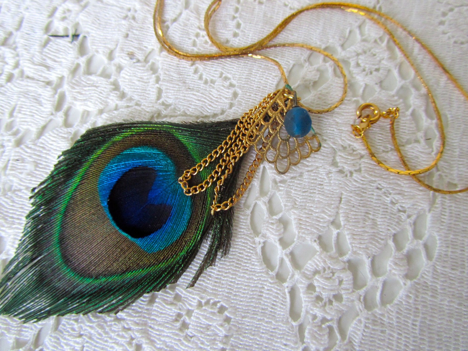 Peacock Feather necklace Elemental series recycled jewelry