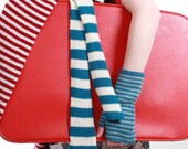Skinny Felted Merino Lambswool Scarf in Teal and White