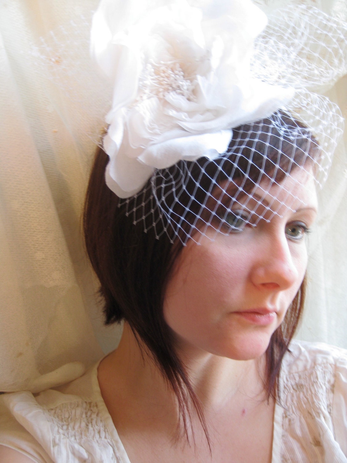 silk flower - dramatic wedding headband - fascinator - dotted veil -bridal headpiece - rose - white