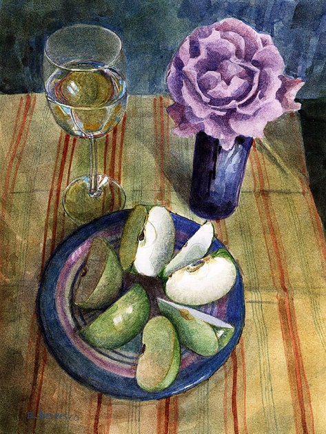 Original Framed Watercolor Green Apples Wine Still Life Rose DelPesco