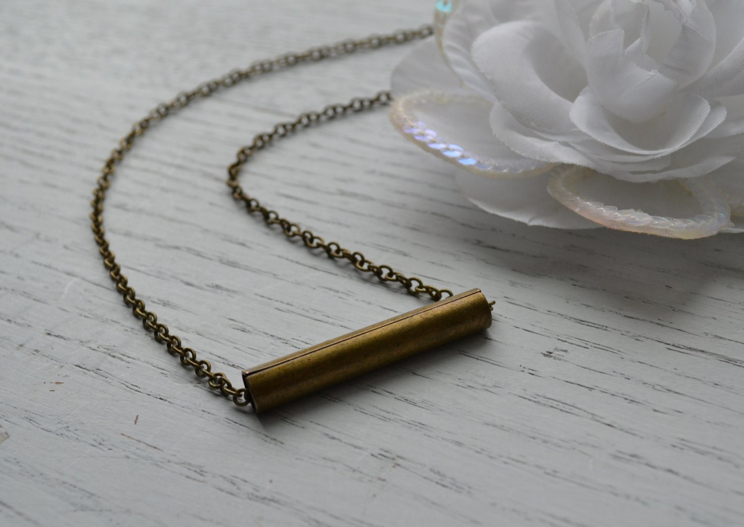 Vintage Bronze Cylinder Necklace, Antique Brass Chain, Modern, Simple