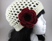 Lacy Beanie with Large Flower Clip - Women Crochet Hat - Ivory Hat