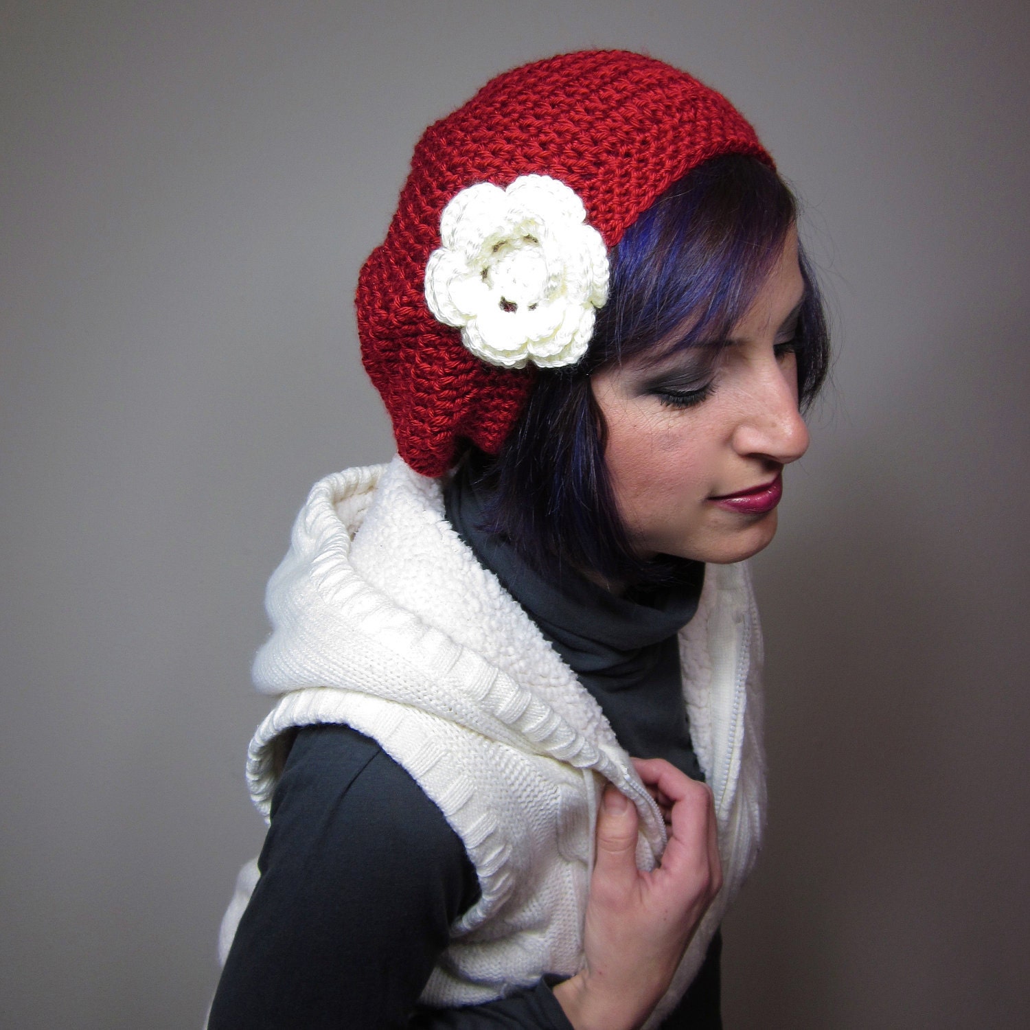 Slouchy Crocheted Hat with Large Flower Clip Red - Womens Crochet Slouch Hat