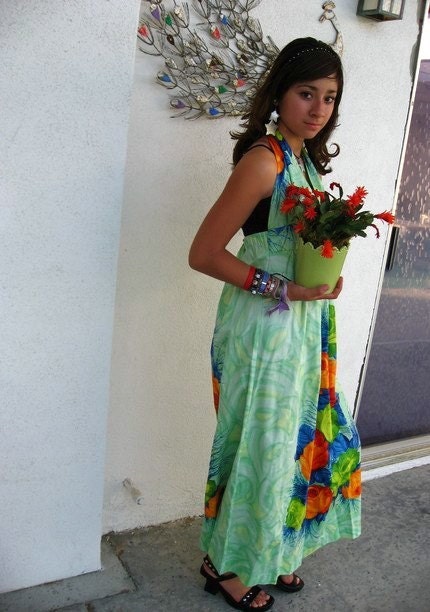 70s Halter Maxi Dress - Vintage Hawaiian - Green Mint Blue Floral - Boho Summer Beach Roses - NOS Medium