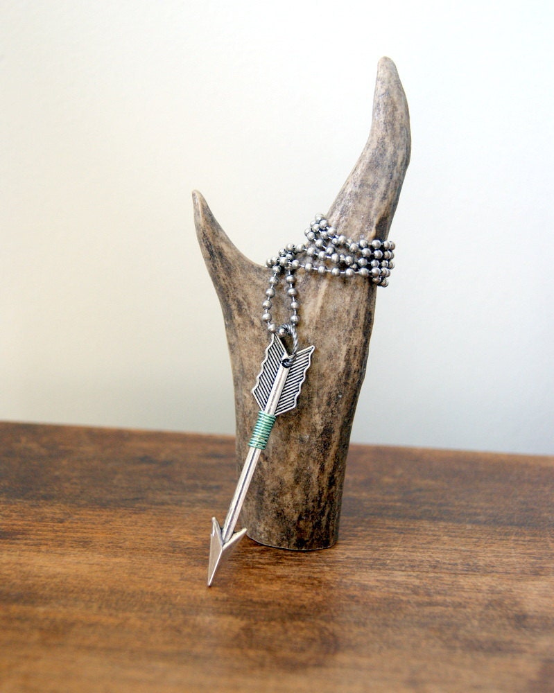 Arrow Necklace - mint green wire wrapped silver arrow pendant, unisex, archery, hunter, woodland fashion