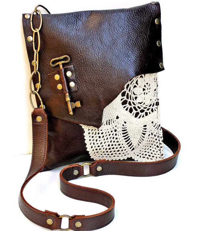 Brown Leather Boho Messenger Bag with Crochet Doily and Antique Key - Medium One Of A Kind - MADE TO ORDER