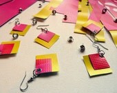 earrings . recycled billboard banner in chartreuse, pink, red and white