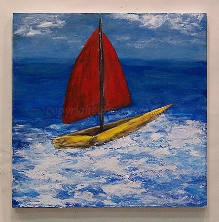 Yellow sail boat, red sails, ocean, seascape, home decor, design, fine art, winjimir, boys, beach house, cottage