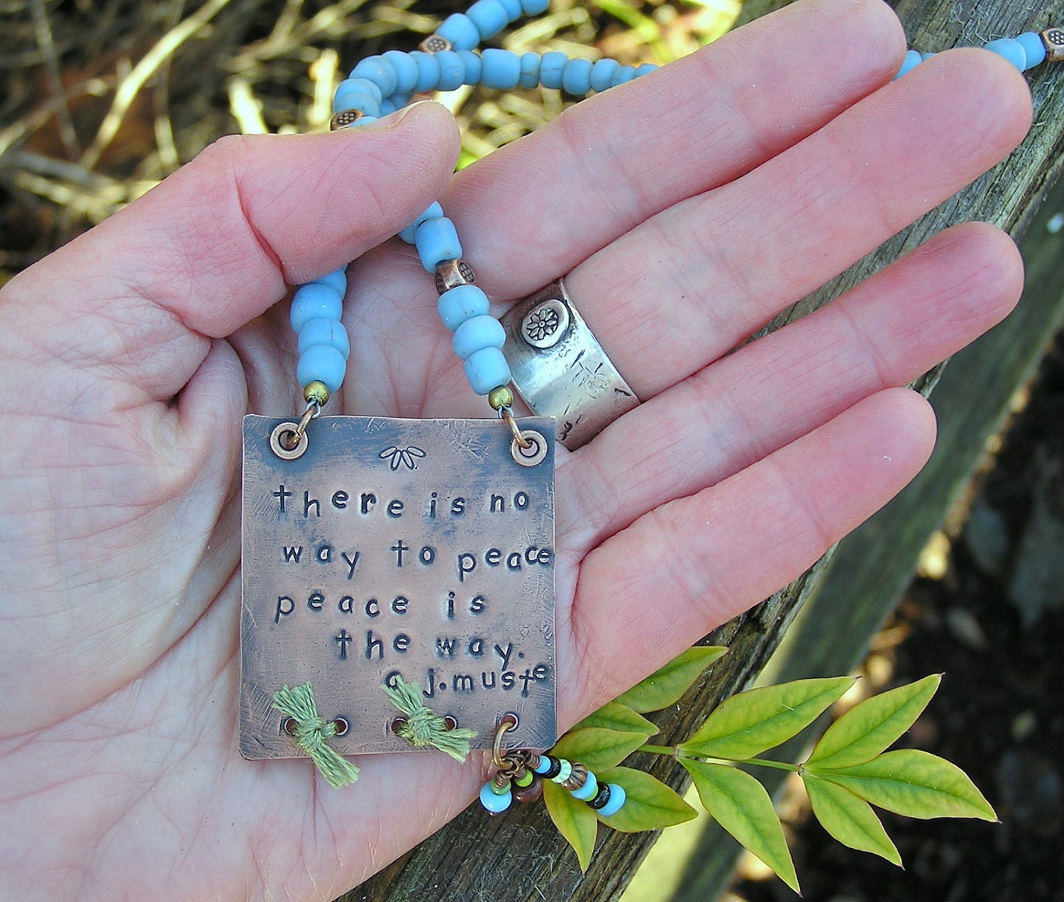 peace necklace with glass beads and trade beads. handstamped quote on metal. copper and bead necklace. earthy. rustic. OOAK.