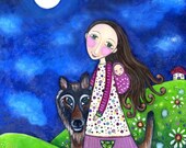 Mother child art print baby nursery wall decor german shepherd dog wolf whimsical folk art mixed media art poster - "Walk Thru Midnight"