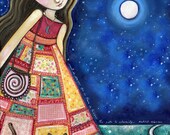 Girls room cat art print patchwork dress mixed media nursery childrens wall decor whimsical folk style inspirational picture - "Dreamwalker"
