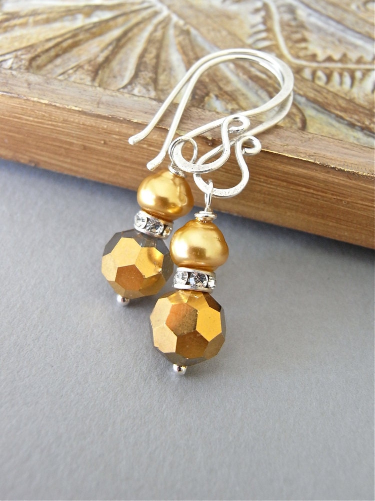 Earrings - vintage Swarovski crystal and Japanese glass pearls, modern crystal, sterling silver - Goldenrod