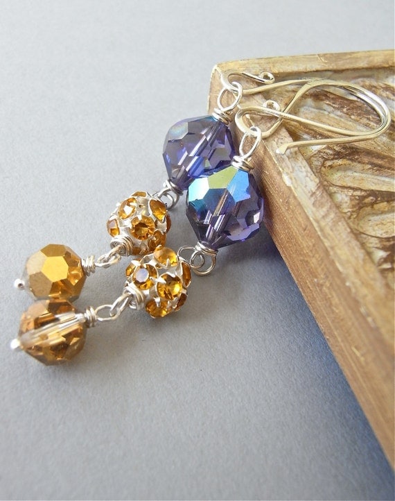 Earrings - vintage Swarovski crystal, modern crystal, sterling silver - Gilded Pansy