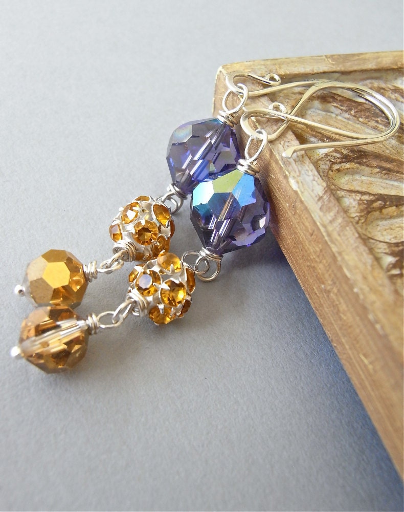 Earrings - vintage Swarovski crystal, modern crystal, sterling silver - Gilded Pansy