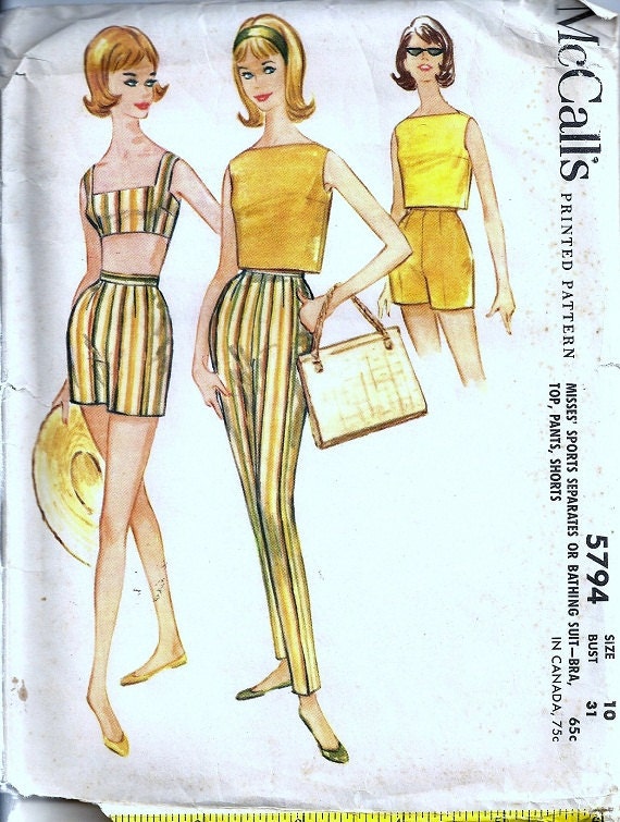 McCalls 5794 Misses Bra Top Swimsuit, Shorts, Pants 60s Vintage Sewing Pattern Size 10
