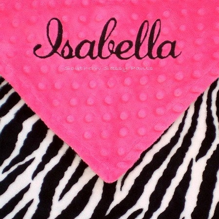 Zebra Baby Blanket - Personalized for Baby Girls - Security Blanket Size Lovie Zebra and Minky