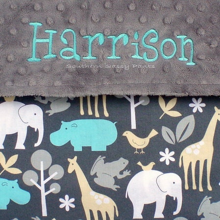 Baby Boy Blanket - Gray Minky Dot and Sea Zoology - Personalized Blankets for Baby Boy