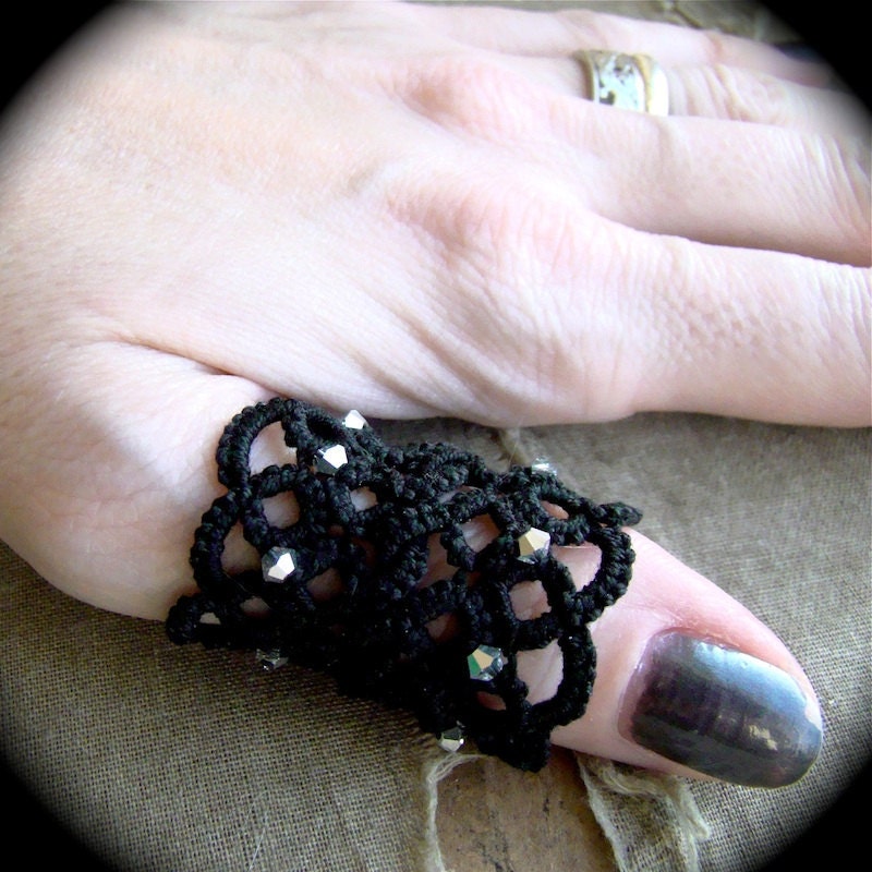 Tatted Lace Ring - Double Wide Weave with Crystals