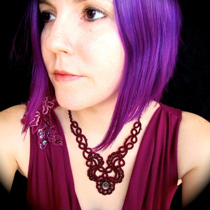 Tatted Lace Necklace - Trailing Scrolls - Burgundy and Garnets