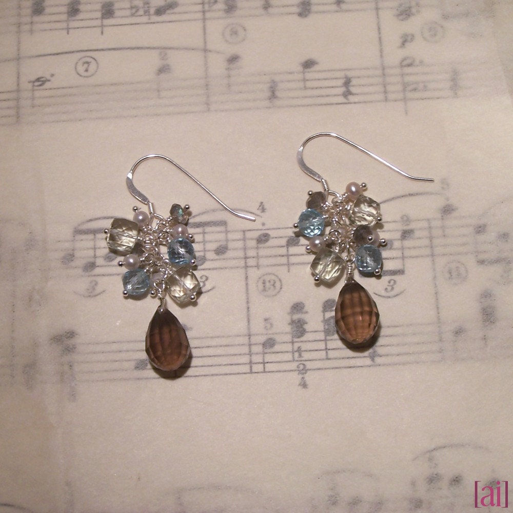Soraya - Smoky quartz, green amethyst, blue topaz, labradorite, and pearl earrings