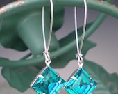 Rhinestone Earrings Teal Blue Zircon Swarovski Sterling Silver Drop Earrings Wedding Jewelry Bridesmaid Earrings