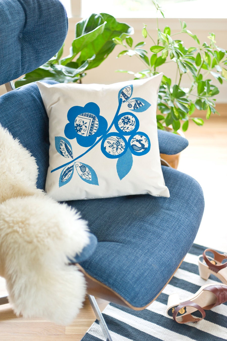 Hand Printed Cotton Canvas Pillows,Scandinavian Flowers, Cobalt and Navy Blue