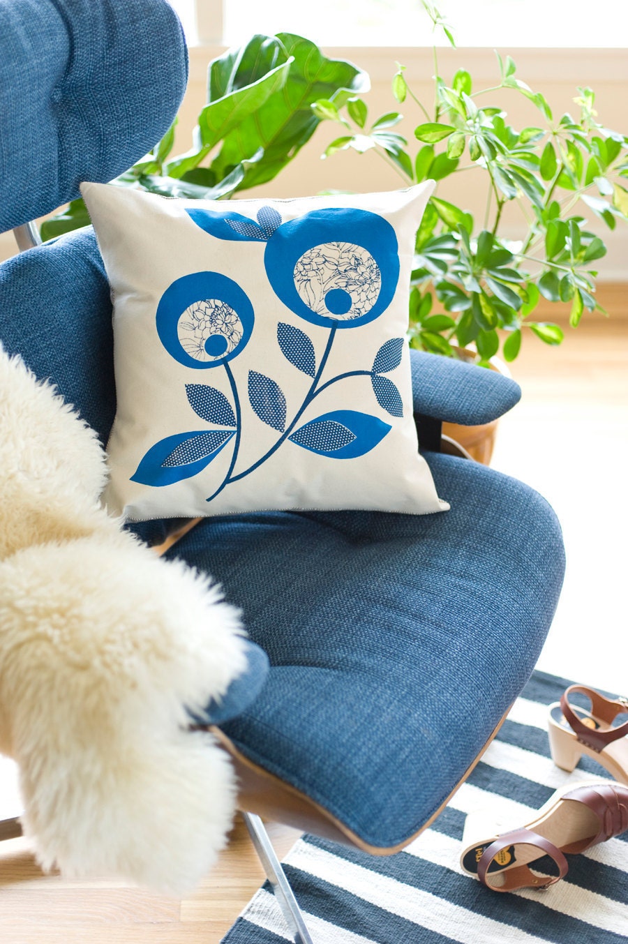 Hand Printed Cotton Canvas Pillows, Lollipop Flowers, Cobalt and Navy